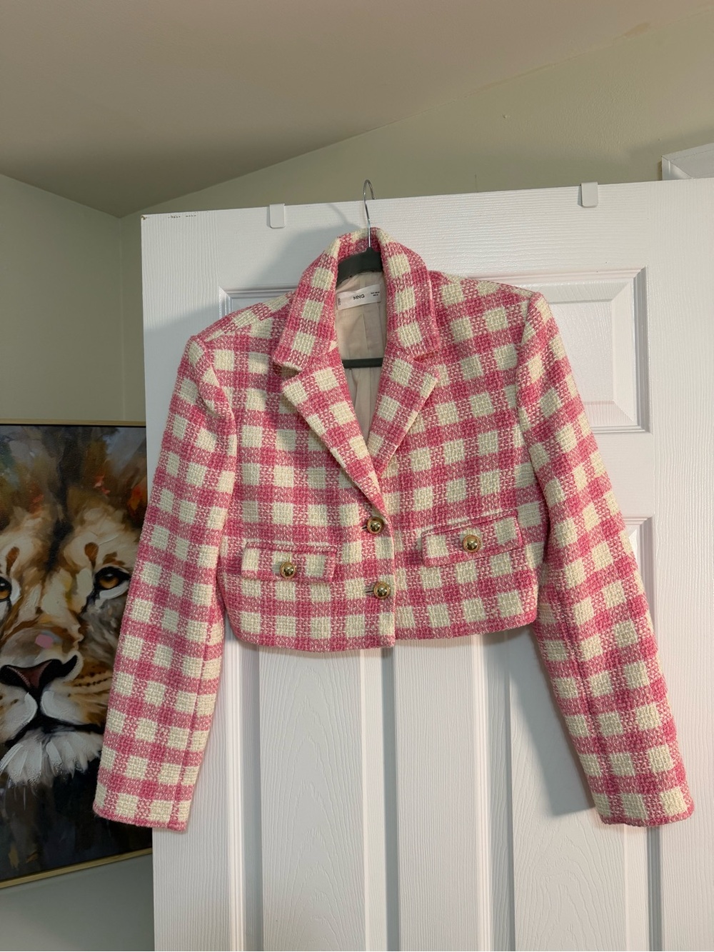 Mango Pink & White Checked Cropped Tweed Blazer
